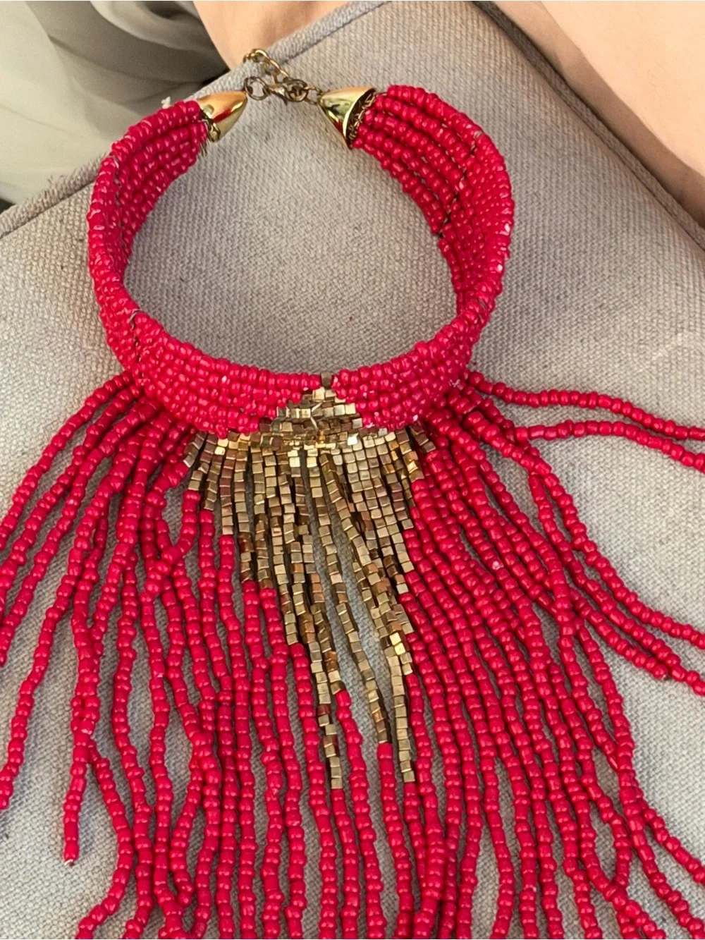 Beautiful Handmade Pink Beaded Fringe Statement Necklace - Designer Style